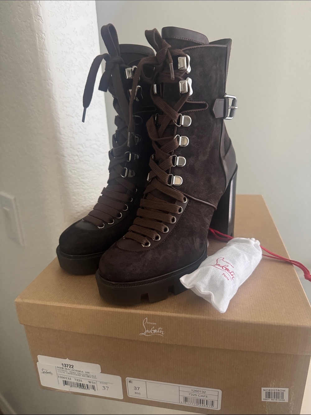 Christian Louboutin Dark Brown Suede Lace-Up Block Heel Boots